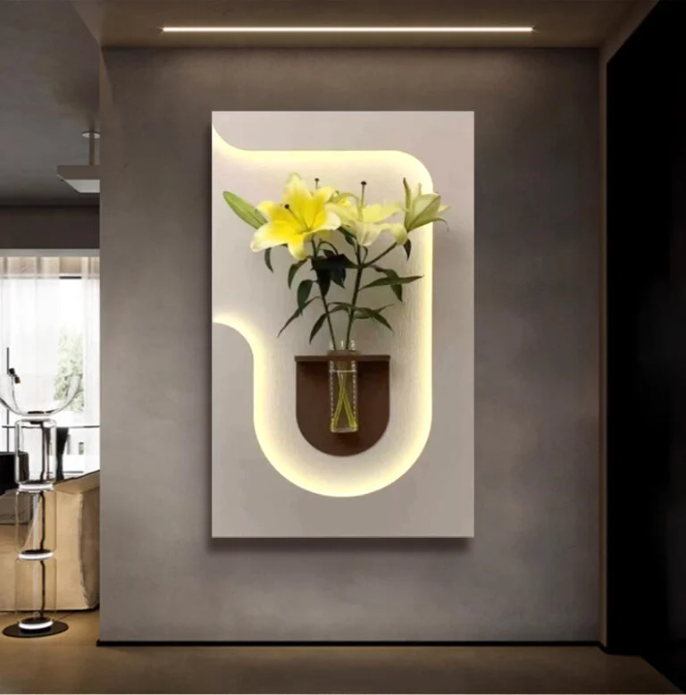 Illuminated wall art with flowers in a vase, modern home decor.