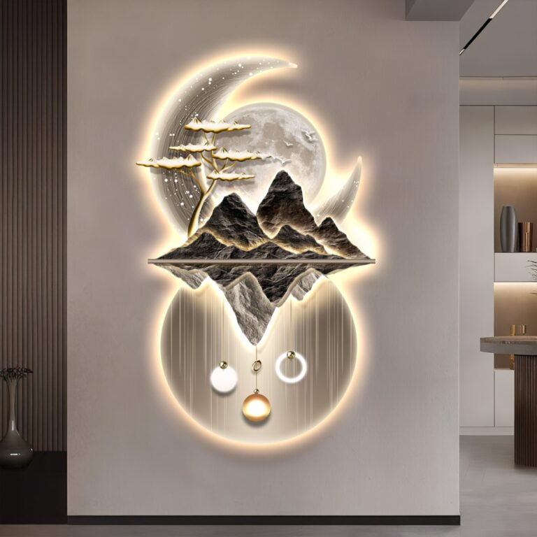 Illuminated modern wall art with mountains and moon, featuring LED lighting and luxury design.