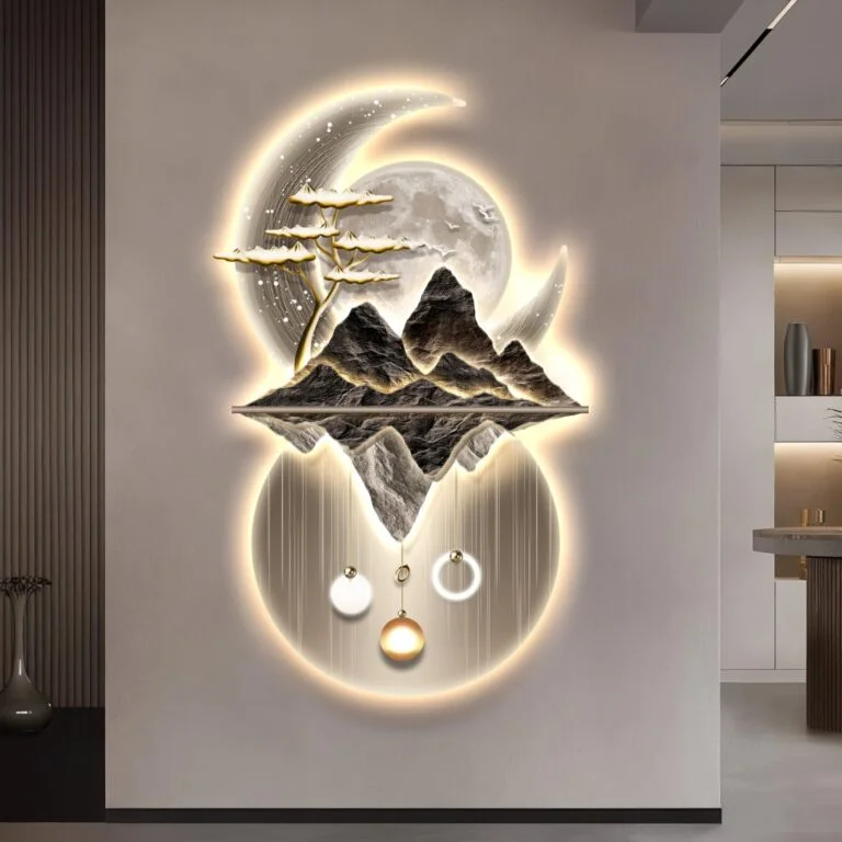 Illuminated modern wall art with mountains and moon, featuring LED lighting and luxury design.