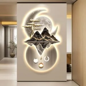 Illuminated modern wall art with mountains and moon design in a luxury home setting.