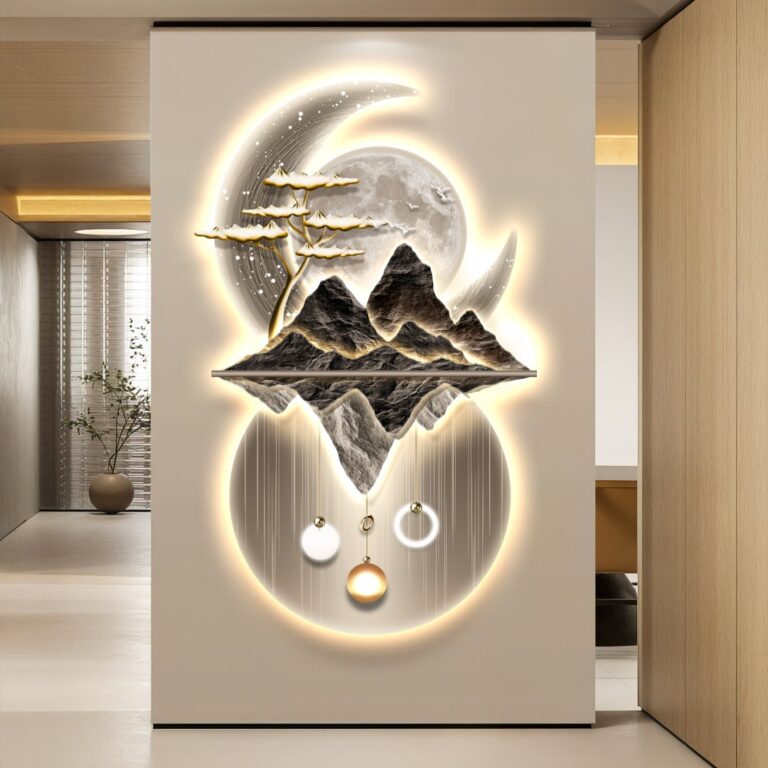 Illuminated modern wall art with mountains and moon design in a luxury home setting.