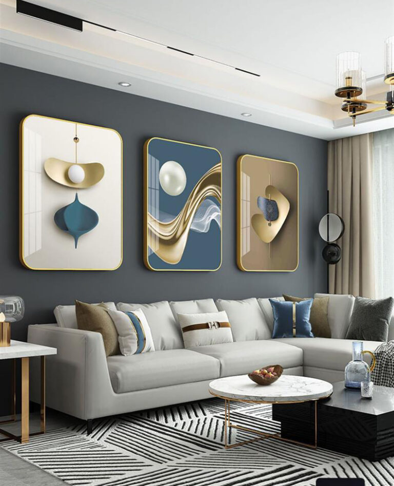 Modern living room with abstract framed wall art and luxury decor.