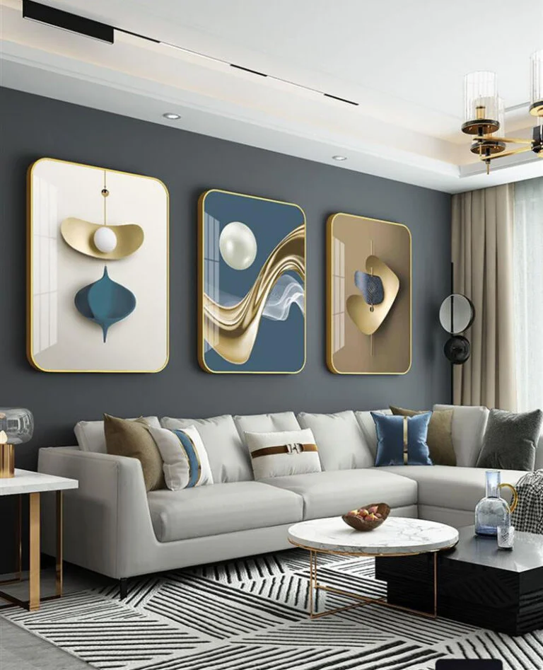 Modern living room with abstract framed wall art and luxury decor.