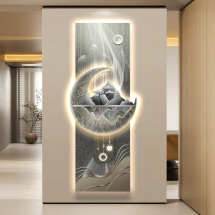 LED Lunar Whisper Veil – Vertical Moon & Mountain Wall Art Frame 120x40cm With Ambient Glow