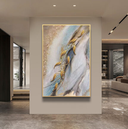 Hand Painted Abstract Wall Art Frame With 3D Fish 40*80cm - With Gold Aluminium Frame