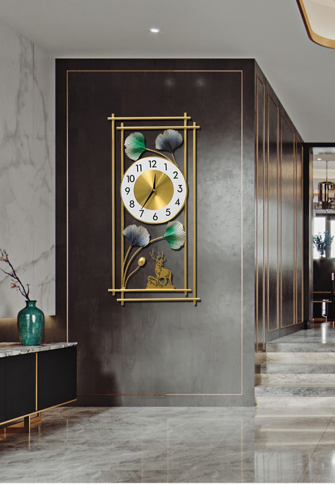 Modern luxury wall clock with gold accents and floral design in a stylish hallway.