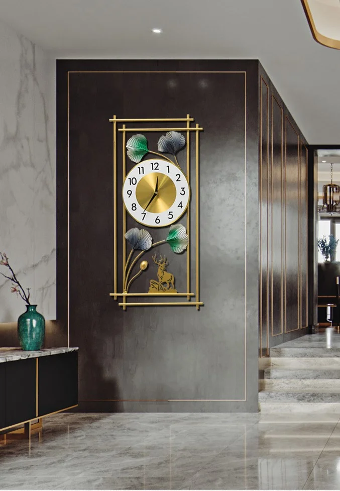 Modern luxury wall clock with gold accents and floral design in a stylish hallway.