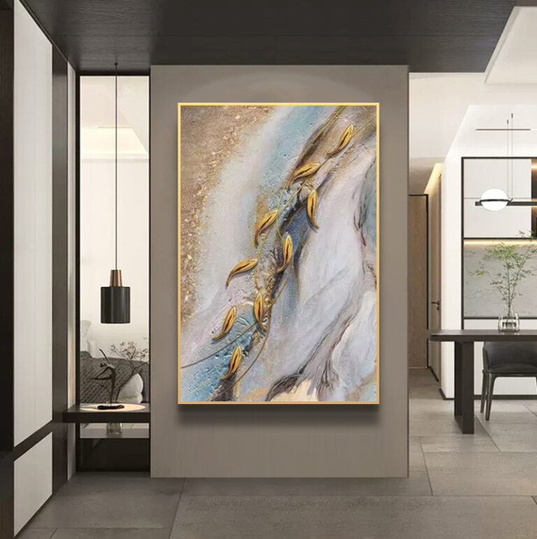 Modern luxury wall art with abstract design and gold accents in a contemporary living room.