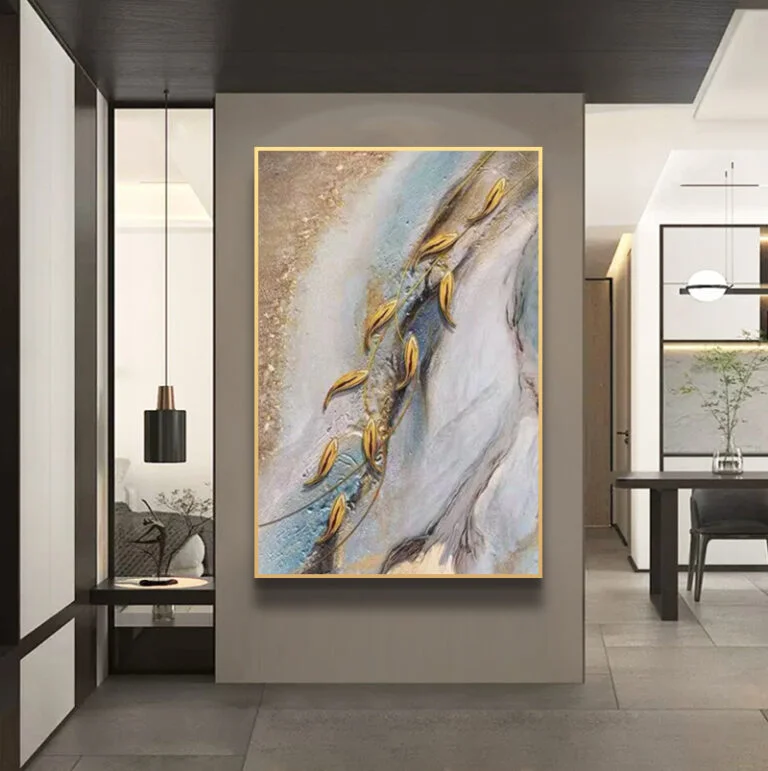 Modern luxury wall art with abstract design and gold accents in a contemporary living room.