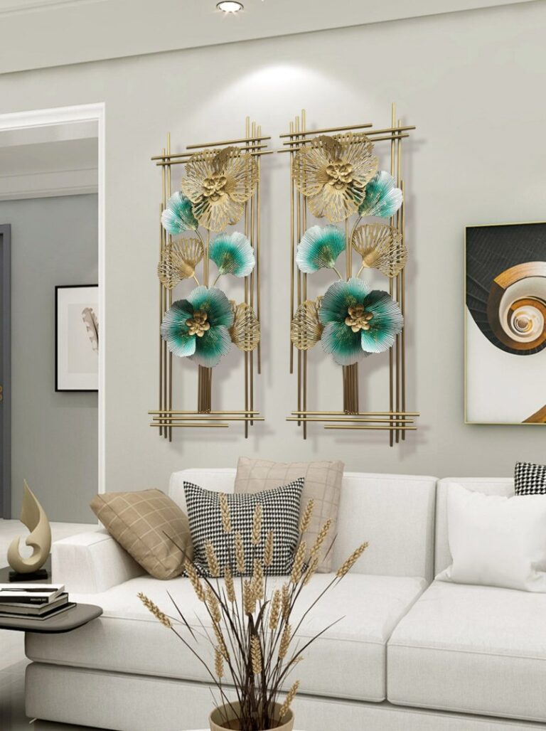 Modern luxury wall art with gold and teal floral design in a living room setting.