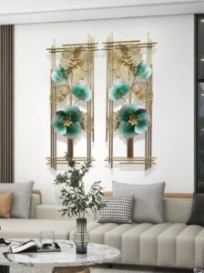 Modern luxury wall art with gold and teal floral design in a living room setting.