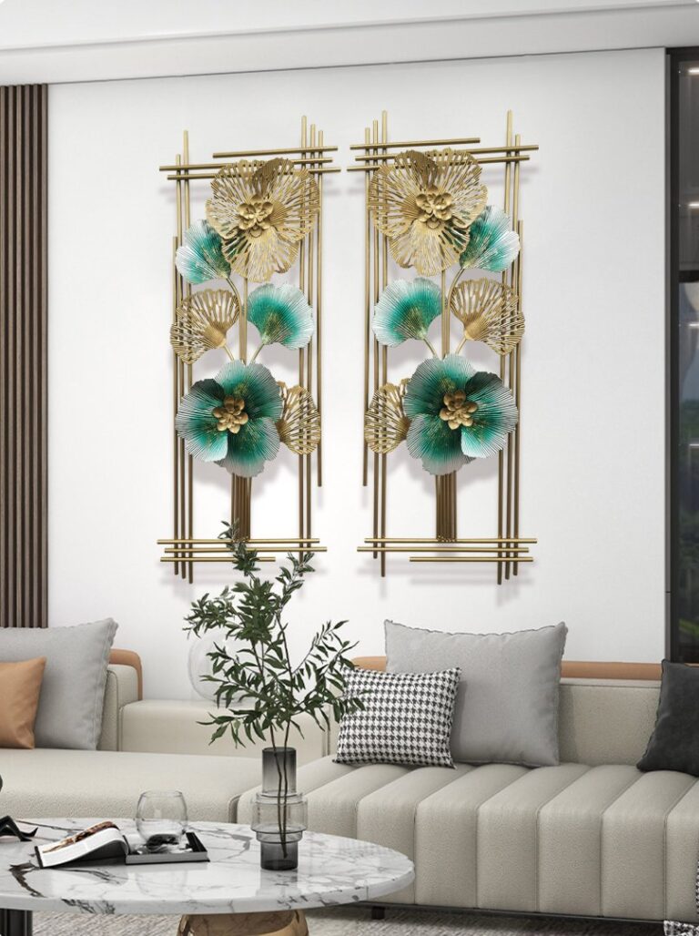 Modern luxury wall art with gold and teal floral design in a living room setting.