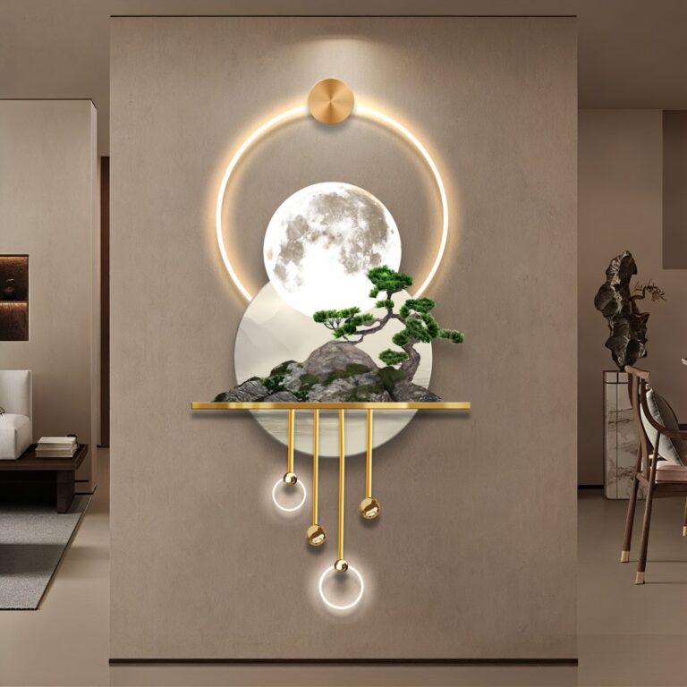 Modern illuminated wall art with circular LED design and nature elements.