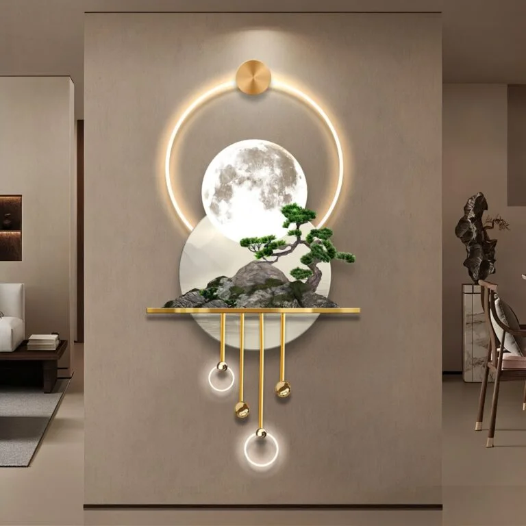 Modern illuminated wall art with circular LED design and nature elements.