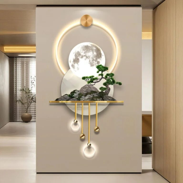 Modern illuminated wall art with moon and bonsai design, featuring LED lights and gold accents.
