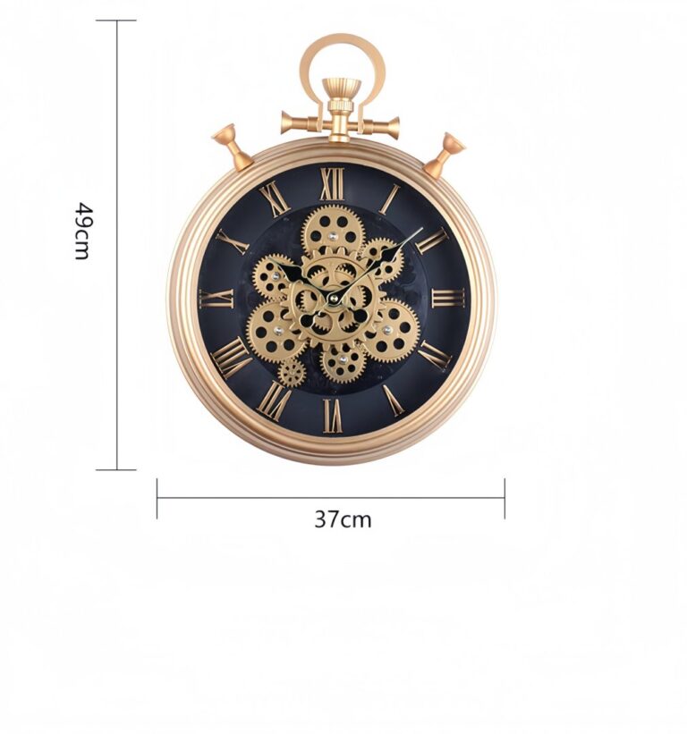 Luxury gold decorative wall clock with Roman numerals and gear design, 49cm tall.