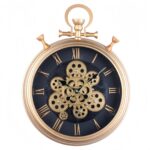 Luxury gold decorative wall clock with Roman numerals and gear design.