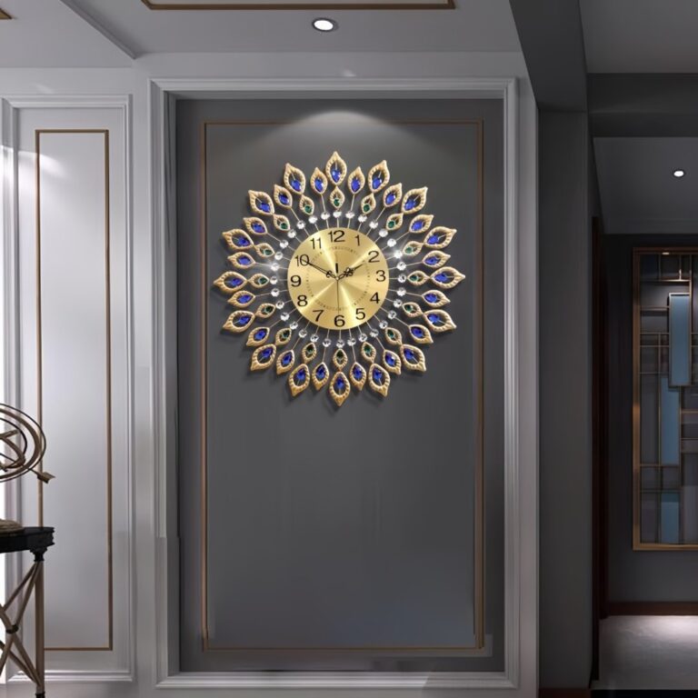 Luxury decorative wall clock with gold and blue accents in a modern interior setting.