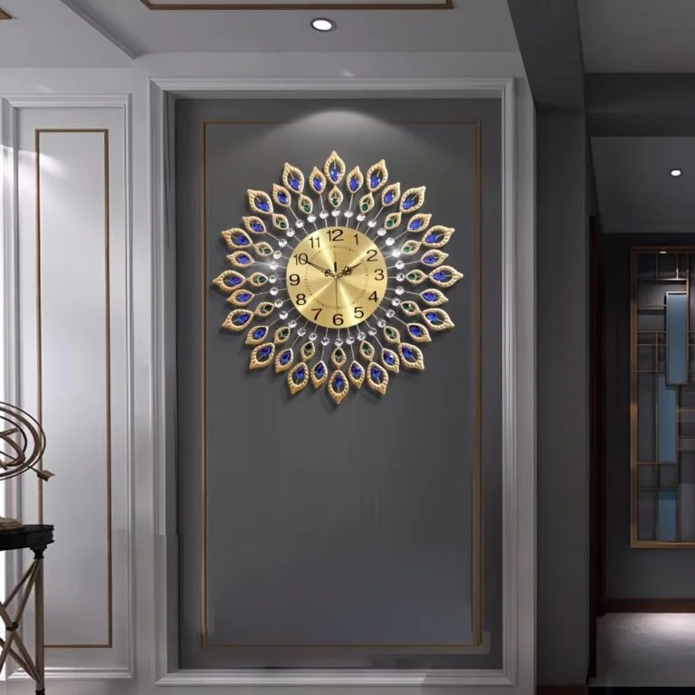 Luxury decorative wall clock with gold and blue accents in a modern interior setting.
