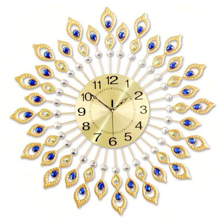 Luxury decorative wall clock with gold and blue accents, modern home decor.