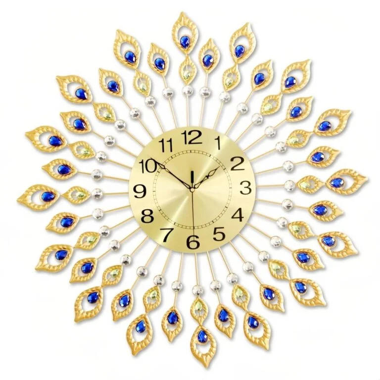 Luxury decorative wall clock with gold and blue accents, modern home decor.