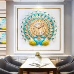Luxury peacock-themed decorative wall clock in a modern dining room setting.