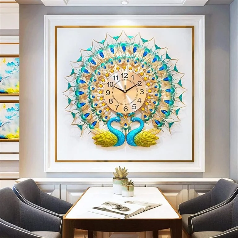 Luxury peacock-themed decorative wall clock in a modern dining room setting.