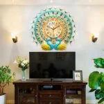 Peacock-themed decorative wall clock in a modern living room setting.
