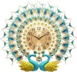 Peacock-themed decorative wall clock with gold and blue accents, ideal for luxury home decor.