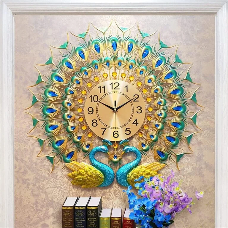 Luxury peacock-themed wall clock with gold and blue accents, surrounded by books and flowers.