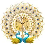 Luxury peacock-themed decorative wall clock with gold and blue accents.