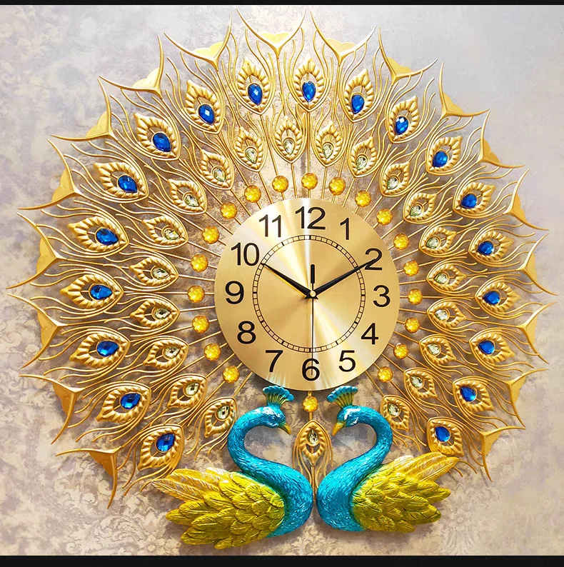 Luxury Peacock Feather Wall Clock Luxury decorative wall clock with gold peacock feather design and blue accents.