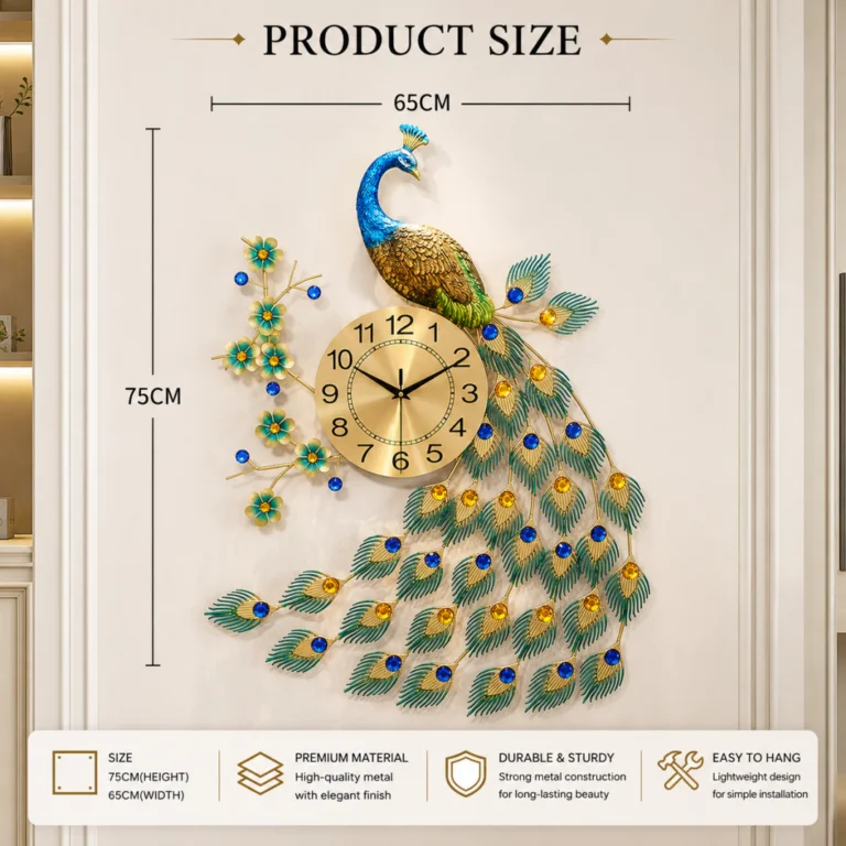 Modern luxury wall clock with peacock design, ideal for home decor.