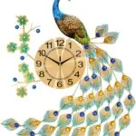 Peacock-themed decorative wall clock with colorful feathers and floral accents.