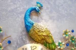 Colorful peacock wall clock with floral accents, modern home decor.