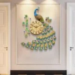 Luxury peacock wall clock with colorful feathers, modern home decor.