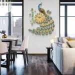 Modern luxury living room with peacock wall clock, home decor.