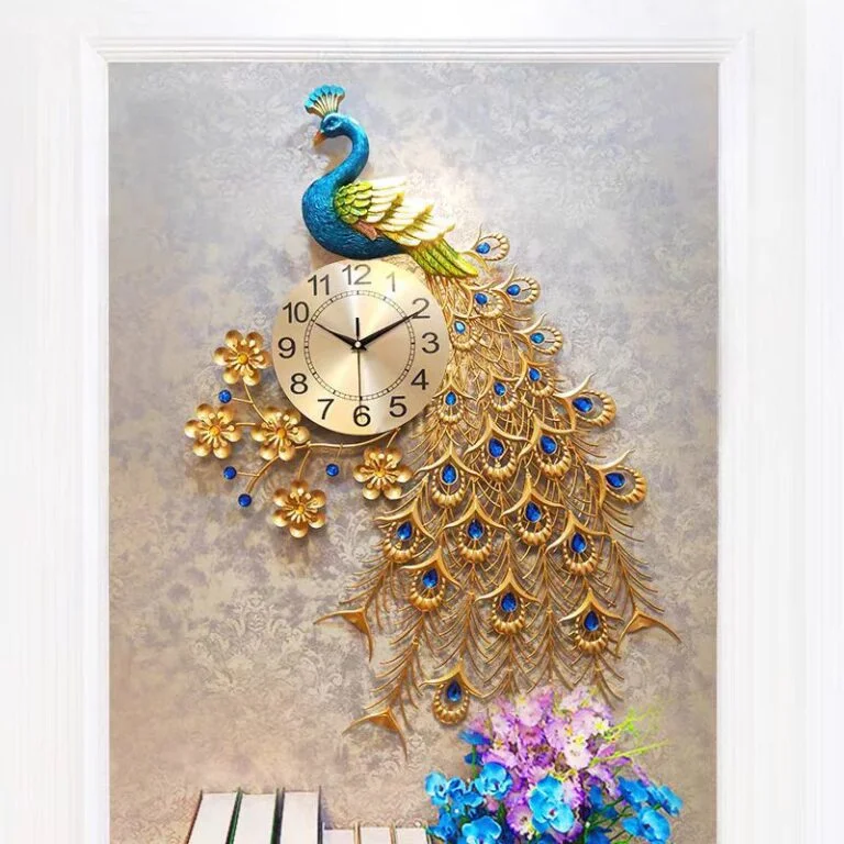 Luxury peacock wall clock with gold and blue accents, perfect for modern home decor.