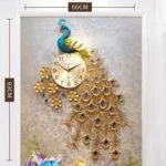 Luxury peacock wall clock with gold and blue accents, perfect for modern home decor.