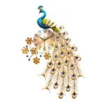 Peacock-themed decorative wall clock with gold and blue accents.