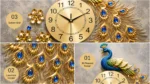 Luxurious gold wall clock with peacock design and crystal accents, perfect for modern home decor.