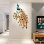 Peacock-themed decorative wall clock in a modern living room setting.