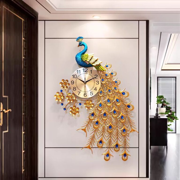 Luxury peacock wall clock with gold and blue accents in a modern hallway.