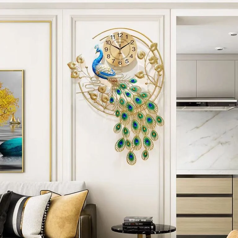 Luxury peacock wall clock with gold accents in modern living room decor.