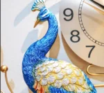 Colorful peacock wall clock with decorative feathers, modern home decor.