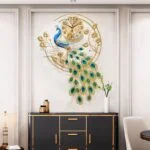 Luxury peacock wall clock with gold accents in modern living room decor.
