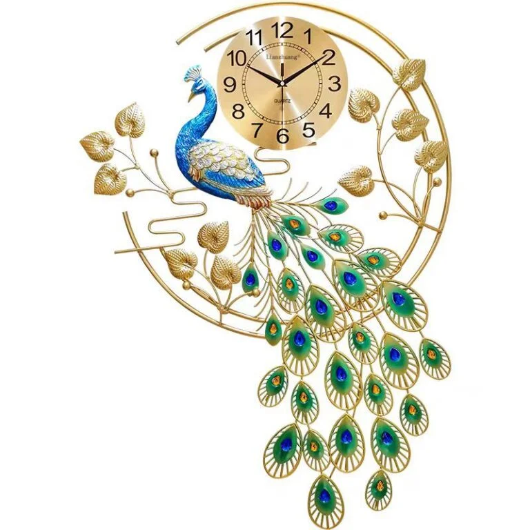 Luxury peacock wall clock with gold and blue accents, perfect for modern home decor.