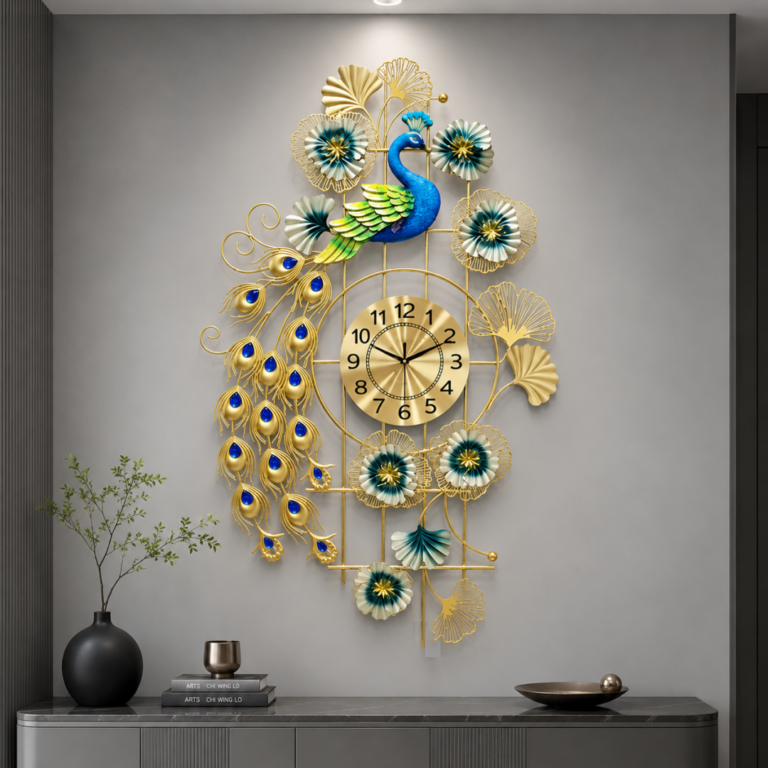 Luxury peacock-themed decorative wall clock with gold accents and floral details.