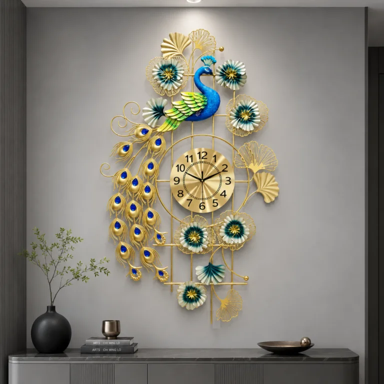 Luxury peacock-themed decorative wall clock with gold accents and floral details.