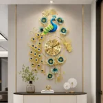 Luxury peacock-themed decorative wall clock with gold and blue accents in a modern living room.